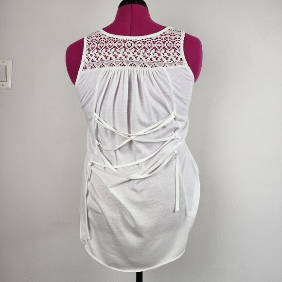 Cream Lace High-Low Top Sleeveless Button Up Sheer Blouse Small - Picture 4 of 13